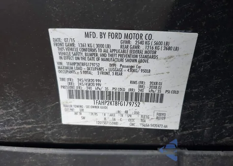 2015 Ford Taurus Sho из США, поврежденный, VIN 1FAHP2KT8FG179752